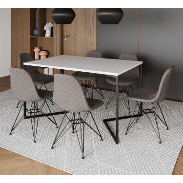 Imagem de Mesa Jantar Industrial Branca 137x90cm Base V com 6 Cadeiras Estofadas Grafite Eiffel Aço Preto