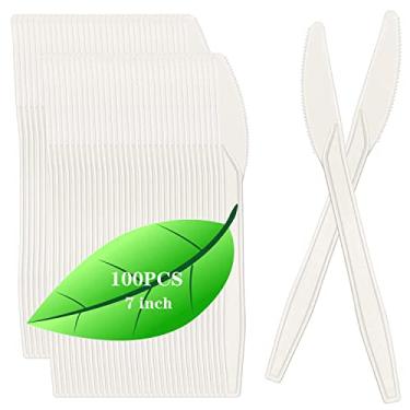 Imagem de FLRONGSUN Facas biodegradáveis, descartáveis, resistentes, base biológica, CPLA, 100% compostável, para festa, churrasco, piquenique, acampamento, casamento, atividades ao ar livre (facas, 18 cm)