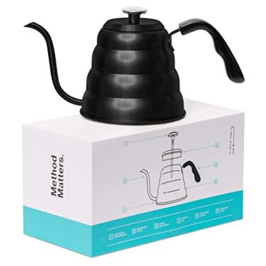 Imagem de Barista Warrior Chaleira pescoço de ganso para servir sobre café e chá com termômetro para temperatura exata, bico de gotejamento de precisão, compatível com todos os fogões (preto fosco, 1,2 litros, 1,2 ml)