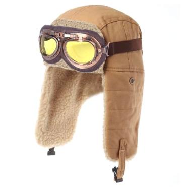 Imagem de Kodervo Chapéu de aviador com óculos adulto infantil vintage chapéu de piloto fantasia de inverno chapéu bombardeiro de pele abas de orelha chapéu caçador masculino feminino, Chapéu cáqui + óculos