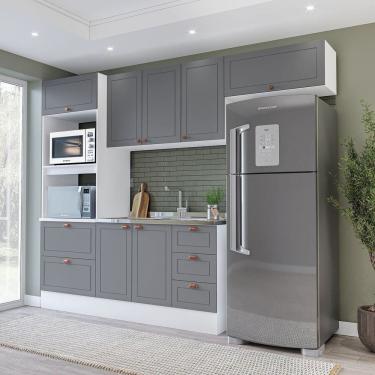 Imagem de Cozinha Pérola com Rodapé Completa 4 Peças Torre Quente Aéreo 3 Portas e Balcão 2 Gavetas 3 Portas Branco/Cinza