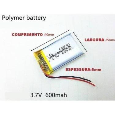 Imagem de (2pcs)bateria 600mah 6mm X 25mm X 40mm Com 2 Fios 3,7v Nova - bgb