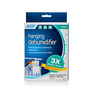 Imagem de Camco 44286 Desumidificador de pendurar sem fragrância - Gancho conveniente absorve até 3 vezes seu peso em água, reduz a umidade e umidade em armários e espaços firmemente confinados, pacote com 2