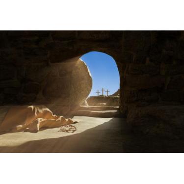 Imagem de Painel de Lona Jesus Cristo Ressurreição Túmulo de Pedra Vazio e Coroa