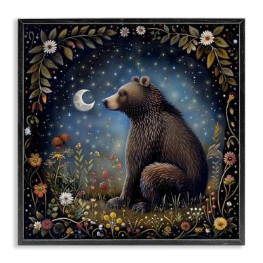 Imagem de Stupell Industries Woodland Bear Night Forest Framed Giclee Wall Art Design by The Dutch Lady, moldura preta, 12 x 12