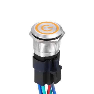 Imagem de DMiotech Interruptor de botão de travamento de aço inoxidável de 7/8 polegadas, cabeça chata, 15A, 12-24 V, concha prateada de 6 pinos com soquete de cabo, interruptor amarelo LED 1NO1NC para sistemas