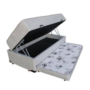 Imagem de Cama Box Baú Solteiro Conjugada de Mola com Cama Auxiliar Bicama 3 em 1 Suede Bege