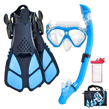 Imagem de Aisrida Conjunto de máscara infantil para mergulho com snorkel + luvas ajustáveis para natação + tubo de snorkel + bolsas de viagem (azul claro)