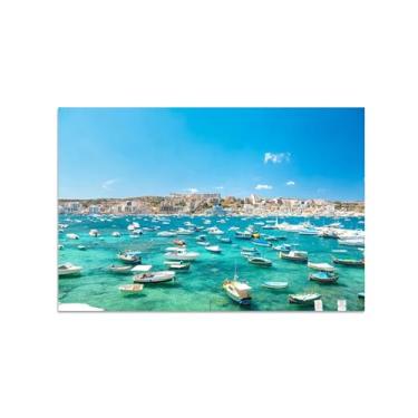 Imagem de MUHJDYC Arte de parede de paisagem urbana - pintura de paisagem arte de parede em tela para sala de estar - impressões panorâmicas em tela pôster - barco cais de cidade costeira 70 x 105 cm - 27 x 41