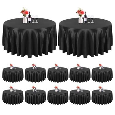 Imagem de FXKS Pacote com 12 toalhas de mesa redondas pretas de cetim de 300 cm, toalha de mesa sedosa brilhante, toalha de mesa lavável e macia de seda, sobreposição para festa de casamento, banquete, evento