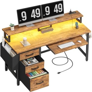 Imagem de Mesa de escritório rústica com armário de arquivos – mesa de computador de 128 cm com bandeja de teclado, gavetas, suporte para monitor de armazenamento, tomadas de energia, mesas de trabalho para