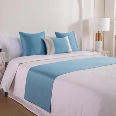 Imagem de Cachecol para cama de hotel, toalha de cauda, macia, cor sólida, proteção de cama, colchas, decoração moderna, almofada de cauda, faixa de decoração para cama de solteiro, queen size, azul |