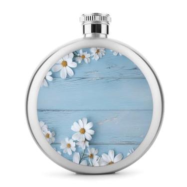Imagem de Cantil de aço inoxidável, flores brancas azul claro impressão de madeira clássico frasco de bolso garrafa anca garrafa de viagem garrafa portátil garrafa de metal