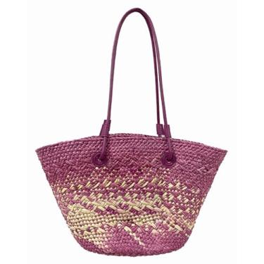 Imagem de SHAREYOIU Bolsa de ombro de palha natural colorida à mão bolsa de praia grande capacidade, Roxa, Large