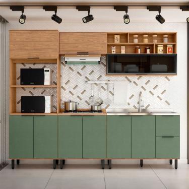 Imagem de Cozinha Completa Sophie 9 Portas 3 Gavetas com Vidro 100% Mdf Freijo/Jade - Pnr Móveis