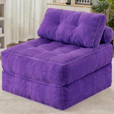 Imagem de HABUTWAY Sofá-cama dobrável, cama de cadeira conversível com travesseiro e alça dupla, sofá de chão dobrável com suporte traseiro para sala de estar, quarto, apartamento, escritório, solteiro, roxo