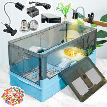 Imagem de Wedoelsim Kit de tanque de tartaruga integrado sem instalação com filtro, bomba de água, lâmpada de calor, rodas, fácil de mover, imita os fluxos naturais, adequado para sapo com chifres de tartaruga pequeno, um presente para crianças