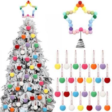 Imagem de Sosation Enfeites de árvore de Natal de feltro, enfeite de árvore de Natal com estrela de 24 peças, enfeites de bolas de feltro, enfeites de bolas de Natal, decoração de pompom de cores mistas de