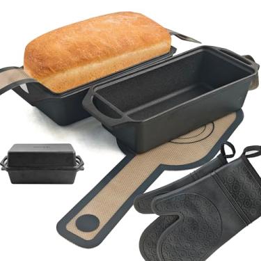 Imagem de Forma de pão de ferro fundido 2 em 1 com tampa - Forma de pão retangular, durável, distribuição uniforme de calor para assar em casa (conjunto de 3 peças de tapetes de silicone, pequeno)