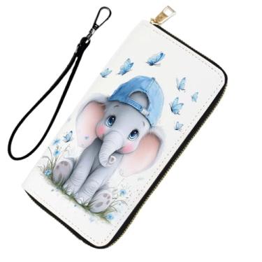 Imagem de DHEEBFWE Carteira de pulso com bloqueio de RFID para mulheres e meninas adolescentes - bolsa de couro de grande capacidade com alça removível,, Elefantes de borboleta azul para bebês