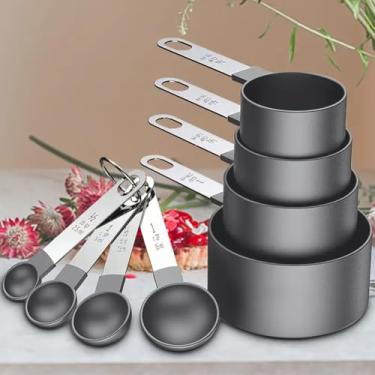 Imagem de Conjunto de 8 copos de medição e colheres, copos e colheres empilháveis, cabo de aço inoxidável com medidas, utensílios de cozinha para cozinhar e assar (cinza)