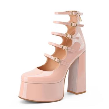 Imagem de Perisis Botas femininas plataforma Mary Janes salto alto bloco grosso cano curto bico fechado botas botas gótico lolita sapatos, Rosa bebê, 34