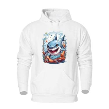 Imagem de Blusa de Moletom Com Capuz Bolso Canguru Flanelada Quente Inverno Estampa Tubarão