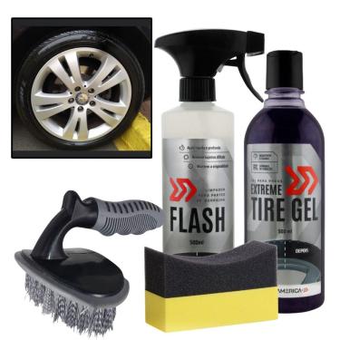 Imagem de Kit Flash + Pretinho Tire Gel Autoamérica + Escova de Pneus + Aplicador de Pretinho