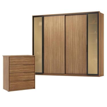 Imagem de Cômoda átria E Guarda Roupa Casal Laredo Amêndola Touch Nude Prime Flex Com Portas De Vidro Reflecta - Demartez