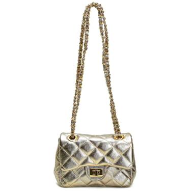 Imagem de Bolsa Cosenza Feminina Mini Bag, Couro Legítimo Matelassê, Alça Corrente (Ouro Light)