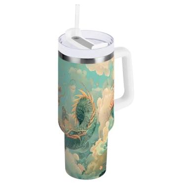 Imagem de xigua Copo vintage com estampa de dragão de 850 g com tampa e canudo, aço inoxidável de vácuo duplo isolado garrafa de água esportiva suporte para copo de café de viagem à prova de vazamento para