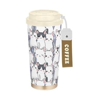 Imagem de SEHANY Caneca de viagem de gato gatinho fofo de 482 g xícaras de café reutilizáveis revestidas de cerâmica com tampa à prova de vazamento, parede dupla, isolamento a vácuo, copo de café de aço