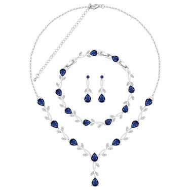 Imagem de ZCGJWE Conjunto de joias para mulheres, noiva, dama de honra, festa de casamento, formatura, brincos, pulseira, presente para mãe, esposa, amiga, Latão, Safira sintética