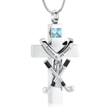 Imagem de zeqingjw Colar de urna com cruz para cinzas, pedra do mês de nascimento, cremação, tacos de golfe, joias para cinzas, lembrança de cinzas, pingente de cinzas de aço inoxidável, suporte de cinzas para