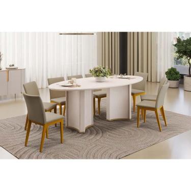Imagem de Conjunto: Mesa Sala Jantar Liz c/ Tampo Madeirado c/ Vidro Oval 218x108cm e 8 Cadeiras Vitória Off White - Ipe/Linho Bege - DJ Móveis