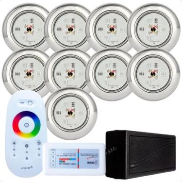 Imagem de Kit 9 Refletores Led 9w RGB Inox S e Comando para Iluminação Piscina -