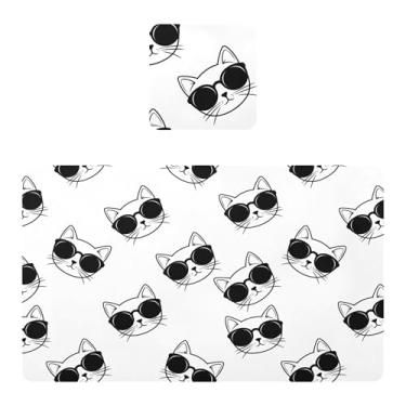 Imagem de Burbuja Jogo americano para gatos com óculos de sol, conjunto de 4 para mesa de jantar, tapetes de mesa de cozinha antiderrapantes resistentes ao calor, fáceis de limpar, 30 x 45 cm