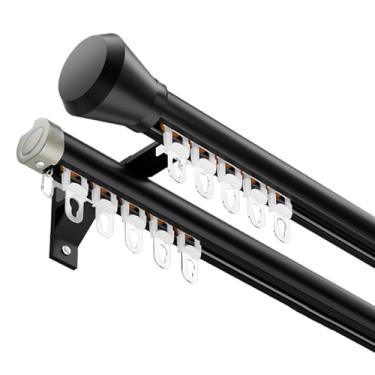 Imagem de Conjunto de varão de cortina duplo resistente com acabamento de tampa - suporte de parede ajustável de 70 a 600 cm - mastro de cortina duplo elegante para janelas, banheiros, pátios, quartos (preto