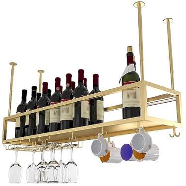 Imagem de Rack de vinho de teto industrial com suporte de vidro, suporte de garrafa de vinho de metal ajustável de 30 a 59,9 cm de altura, organizador de vinho para cozinha de bar (cor: Dourado, Tamanho: 80 x