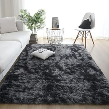 Imagem de Tapetes de área felpudos macios modernos para ambientes internos, tapete de área de acento de berçário de pelúcia antiderrapante, tapete felpudo de pele sintética peludo para sala de estar decoração de casa tingido cinza escuro 199 x 28 cm
