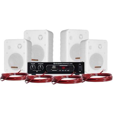 Imagem de HAYONIK, Kit de Som Ambiente, 400W, Com 4 Caixas Brancas, 1 Amplificador e Cabos para Ligação, USB, Cartão SD, Entrada Auxiliar, Entrada P/Mic, Bluetooth, Rádio FM - AMBIENCE 4000 V2 BR