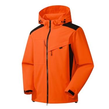 Imagem de Jaqueta masculina leve corta-vento Rip Stop capa de chuva casaco com capuz e cores contrastantes, Laranja, XXG