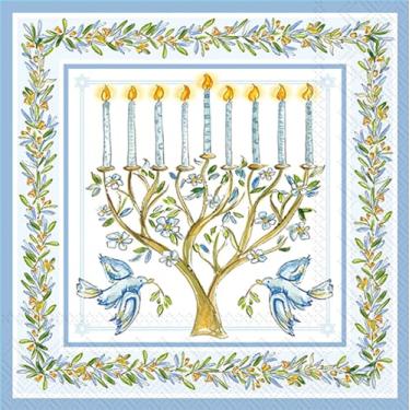 Imagem de IHR Ideal Home Range Hannukah Guardanapos Rosanne Beck descartáveis - Pacote de guardanapos de festa de papel com 3 camadas, tamanho do almoço 16,5 cm x 16,5 cm, RB Menorah, 20 unidades