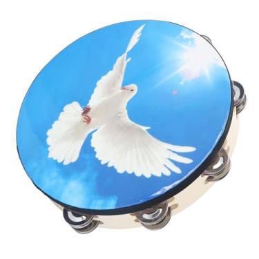 Imagem de Brinquedo de Percussão de Jingles de Aço Inoxidável de Fileira Dupla de Pandeiro de 10 Polegadas para Adultos e Crianças, Pandeiro de Madeira Maciça (pomba do céu)