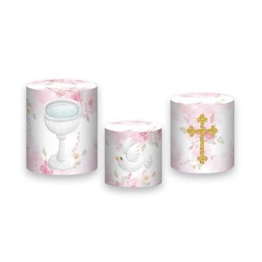 Imagem de Trio de Capas de Cilindro - Batizado Rosa Flores 018 - Via Cores