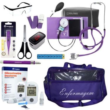 Imagem de Kit de enfermagem com esfigmo esteto medidor de glicose oxímetro e bol