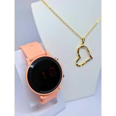 Imagem de Kit Relógio Feminino Digital Led Redondo + Conjunto Colar e Brincos Fo