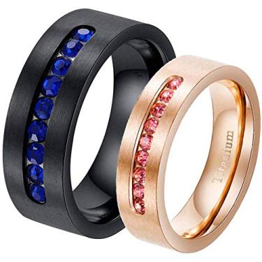 Imagem de ringheart Dois anéis de casal preto banhado a ouro rosa aço titânio azul Cz aliança de casamento masculina rosa CZ anel de casamento feminino, Cristal Metal Cristal Metal strass pedra, Zircônia cúbica