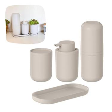 Imagem de Kit Banheiro Porta Sabonete Liquido Escova De Dente Algodão Cotonete Bandeja (Bege)