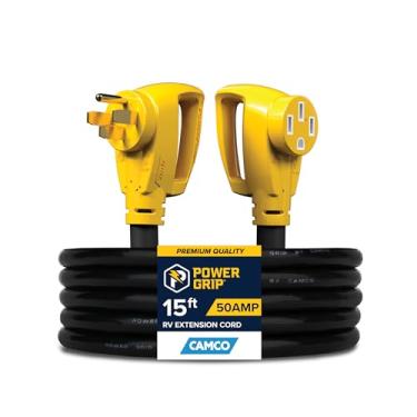 Imagem de Camco Cabo de extensão para trailer de 50 Amp resistente | Possui alças de cabo elétrico, fios de cobre 6/3 + 8/1 e classificado para 125/250 volts/12.500 watts | 4,5 m (55194)